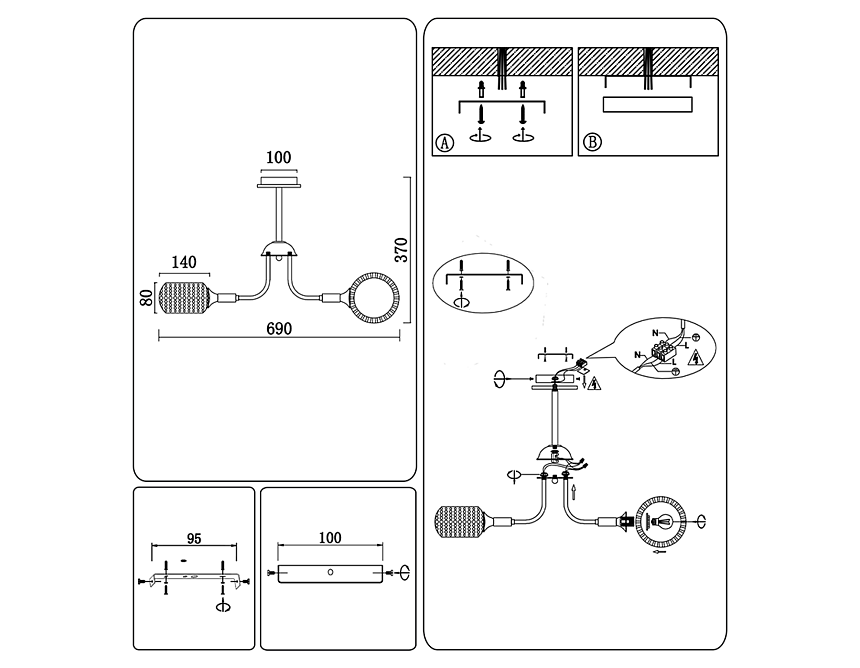 TR80167/6 BK/LWD черный/светлое дерево E14/6 max 40W D690*370